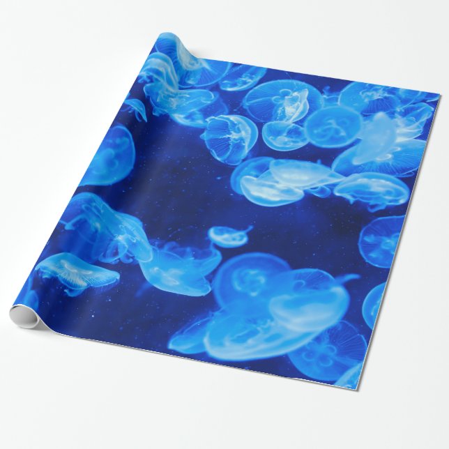 Beautiful Blue Jellyfish Pattern Wrapping Paper (Unrolled)