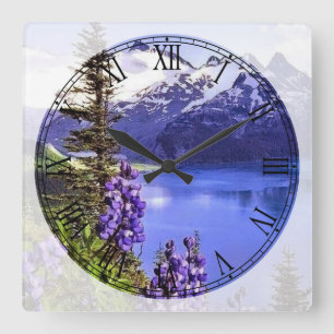 Beautiful Blue Lake and Mountains Roman Numeral Square Wall Clock