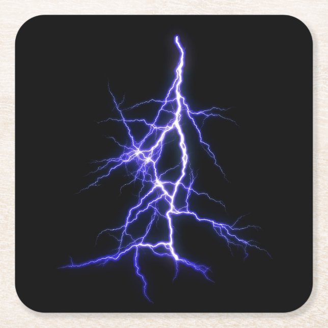 Beautiful Blue Lightning on Black Background Square Paper Coaster (Front)
