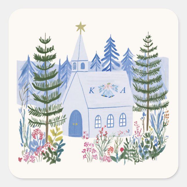 Beautiful Blue Monogram Wedding Chapel Square Sticker (Front)