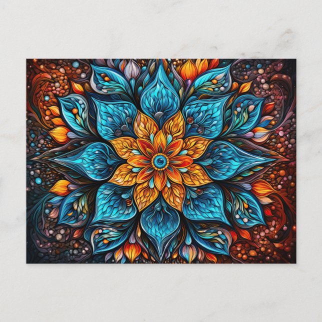 Beautiful Blue Orange Mandala Geometric Pattern Postcard (Front)