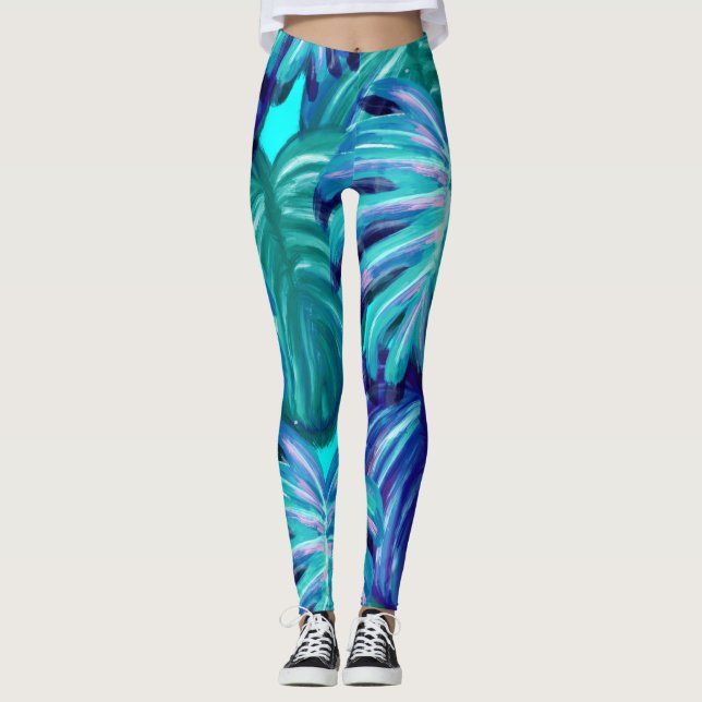 Beautiful blue palm leaves leggings (Front)