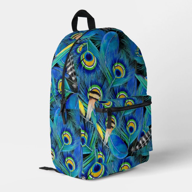 Beautiful Blue Peacock Feathers Bright  Printed Backpack (Back Corner Left)