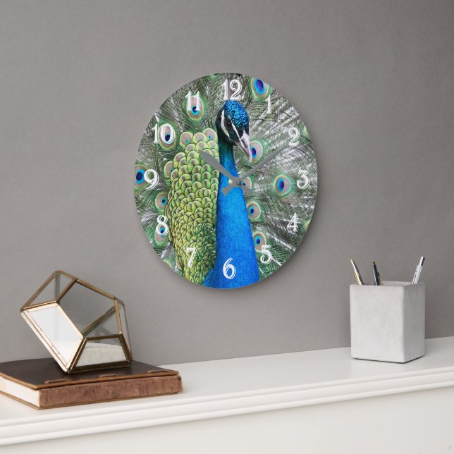 Beautiful Blue Peacock Feathers Large Clock (Office)