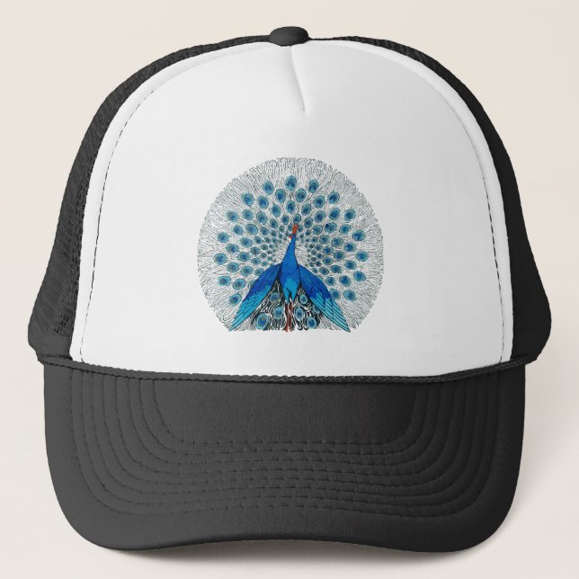 Beautiful Blue Peacock Illustration Trucker Hat (Front)