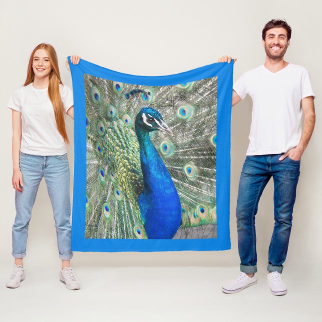 Beautiful Blue Peacock w/Blue Border Fleece Blanket (In Situ)