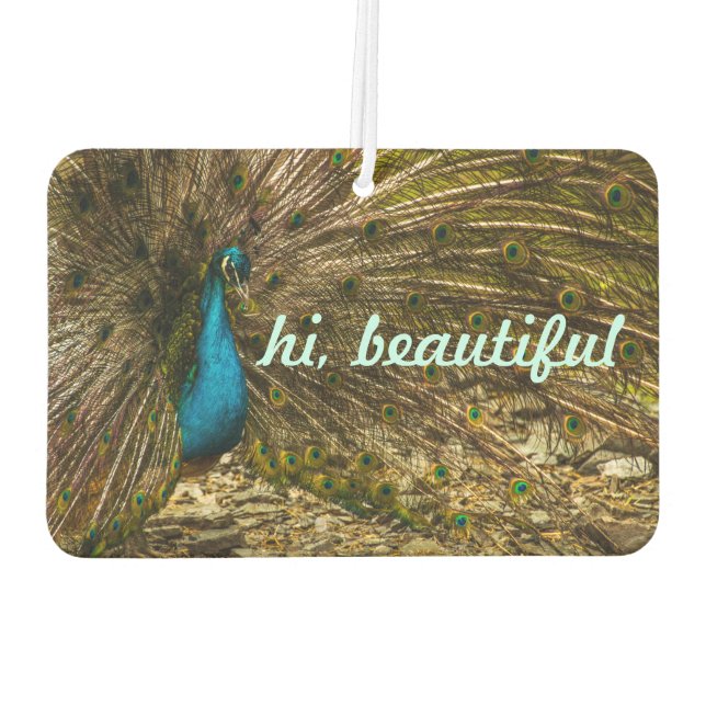 Beautiful Blue Peacock with Open Tail Feathers Car Air Freshener (Back)