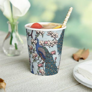 Beautiful Blue Peacocks & Magnolia Flowers Blue Paper Cups