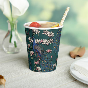 Beautiful Blue Peacocks & Magnolia Flowers Teal Paper Cups