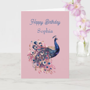Beautiful Blue Pink Navy Blue Peacock Birthday Card