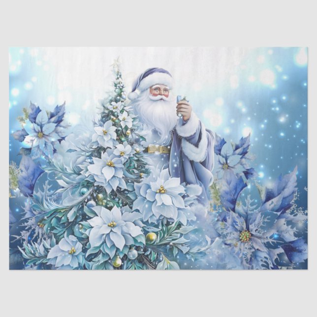 Beautiful Blue Poinsettias & Santa Decoupage Paper (Front)