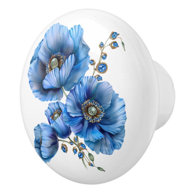 Beautiful Blue Poppies and Stones Ceramic Knob (Right)