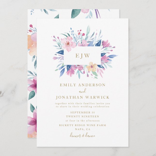 Beautiful Blue Purple Flower Wedding Invitation (Front/Back)