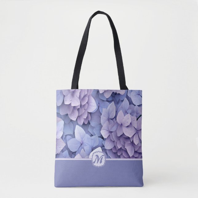 Beautiful Blue Purple Hydrangea Monogram Tote Bag (Front)
