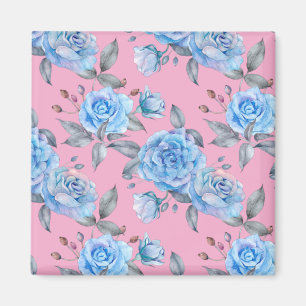 Beautiful blue roses, pastel pink background, magnet