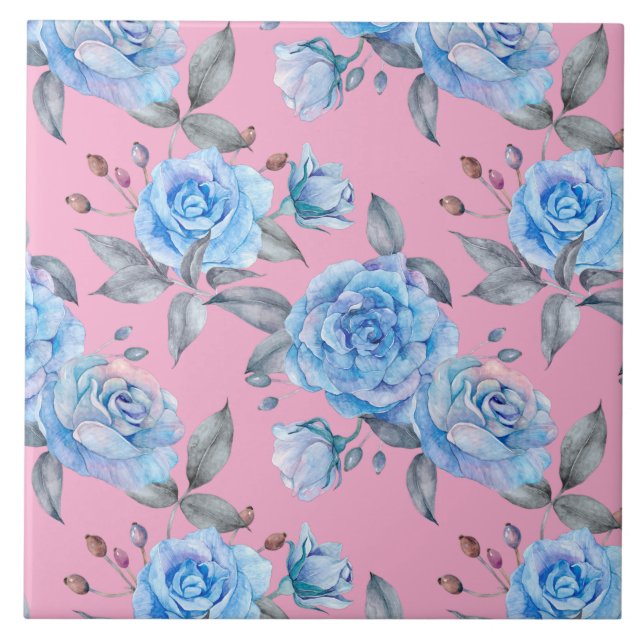 Beautiful blue roses, pastel pink background, tile (Front)