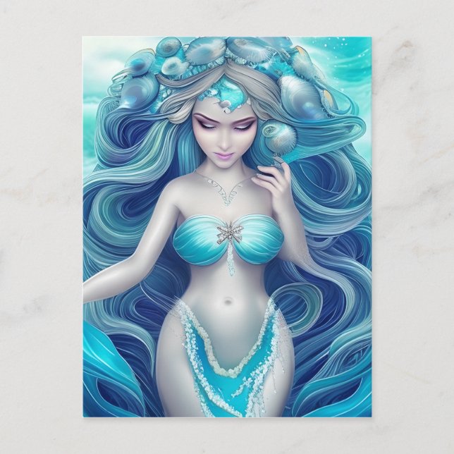 Beautiful Blue Seashell Mermaid Graphic Postcard (Front)