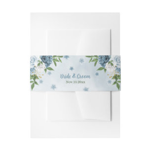 beautiful blue shades flowers greenery wedding invitation belly band