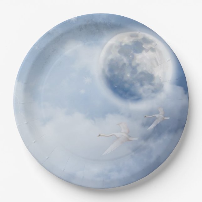 Beautiful Blue Sky with Flying Swans Paper Plate (Front)
