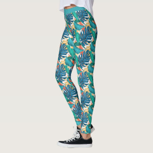 Beautiful Blue Teal Floral Leaves Yoga Pants