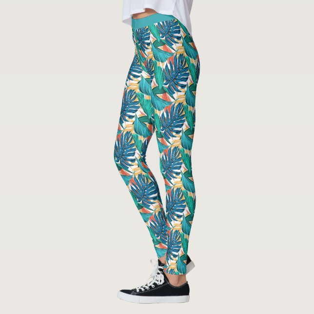 Beautiful Blue Teal Floral Leaves Yoga Pants (Left)