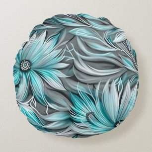 Beautiful Blue Teal Floral Print Round Cushion