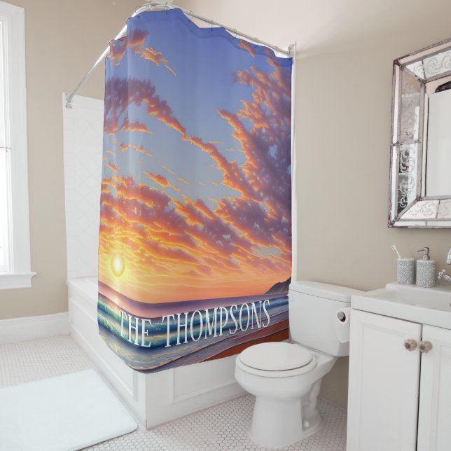 Beautiful Blue Turquoise Ocean Sunset Shower Curtain (In Situ)