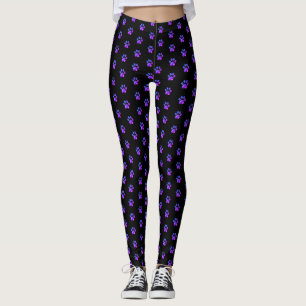 Beautiful blue violet paw pattern on black leggings