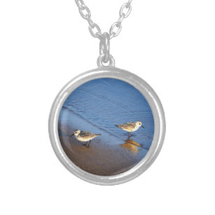 Beautiful Blue Water Sandpiper Photo Silver Plated Necklace