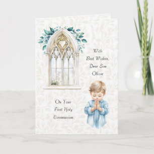 Beautiful Blue Watercolor First Communion Greeting Card