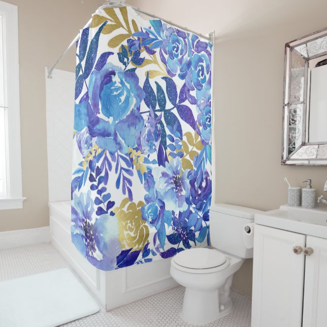 Beautiful Blue Watercolor Floral Shower Curtain (In Situ)