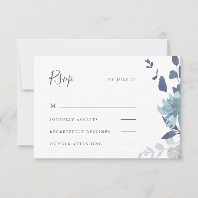 Beautiful Blue Watercolor Floral Wedding RSVP Card (Front)