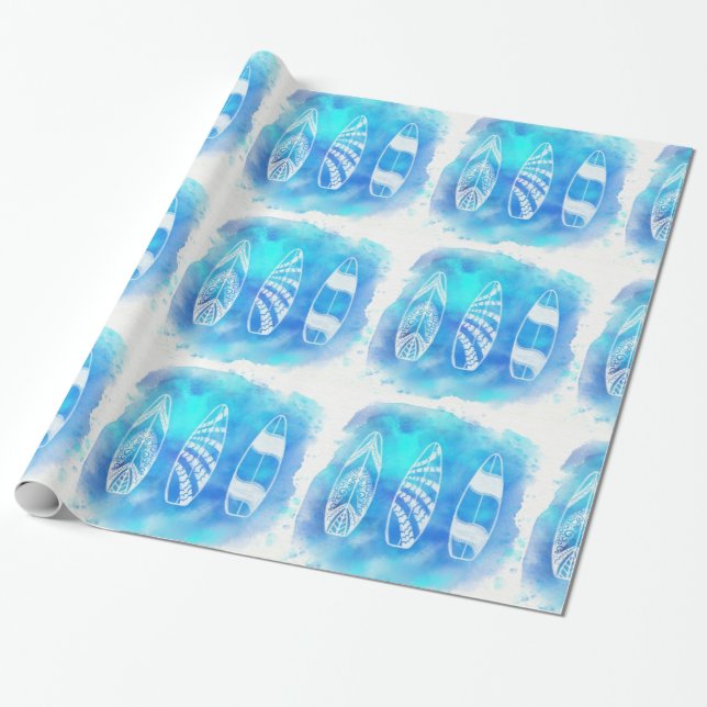 Beautiful Blue Watercolor Water Surfboards art Wrapping Paper (Unrolled)