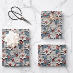 Beautiful Blue White and Red 3D Poinsettia Wrapping Paper Sheet