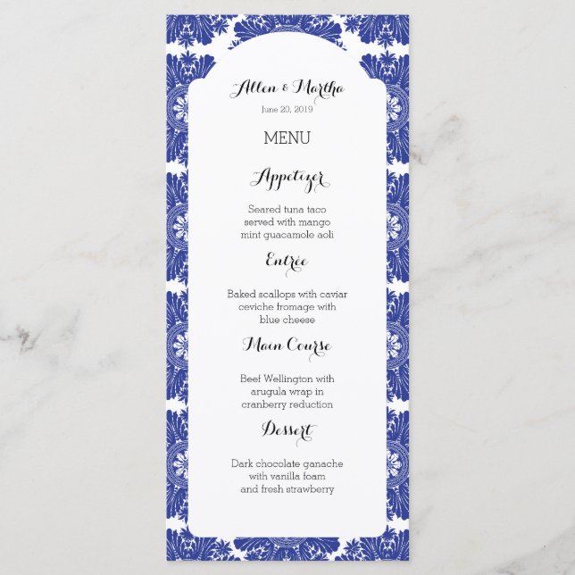 Beautiful Blue & White Baroque Wedding Menu Suite (Front)