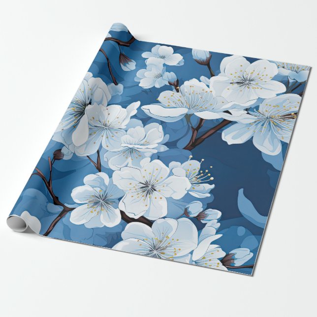 Beautiful Blue White Blooms Wrapping Paper (Unrolled)