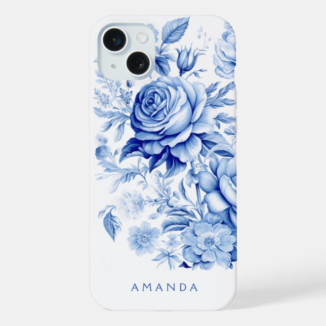 Beautiful Blue/White Personalised Roses iPhone Case (Back)