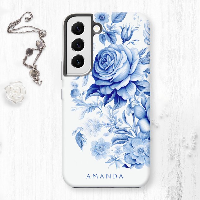 Beautiful Blue/White Personalised Roses Samsung Galaxy S22 Case (Creator Uploaded)