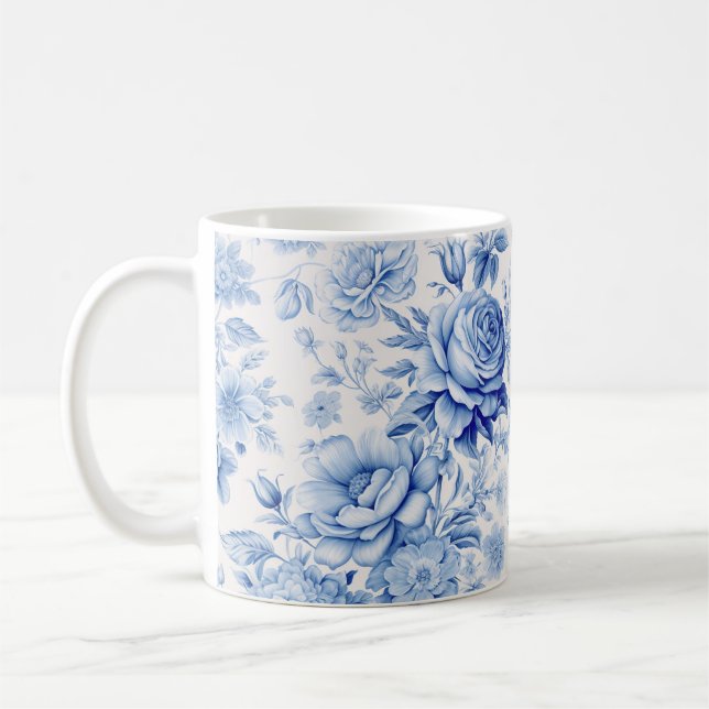 Beautiful Blue & White Roses & Wildflowers Coffee Mug (Left)