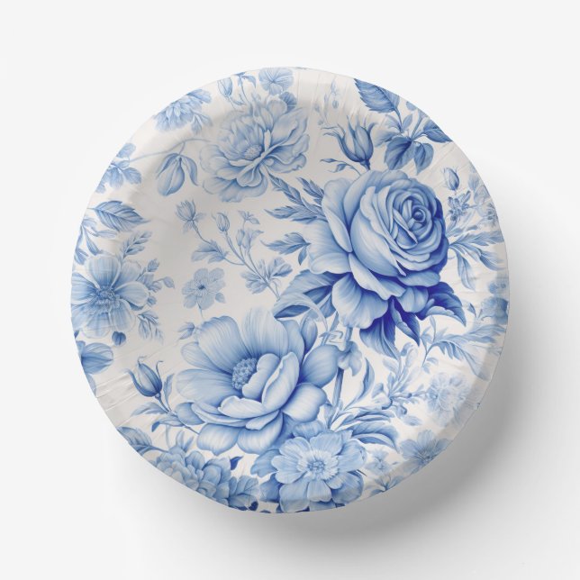 Beautiful Blue & White Roses & Wildflowers Paper Plate (Front)