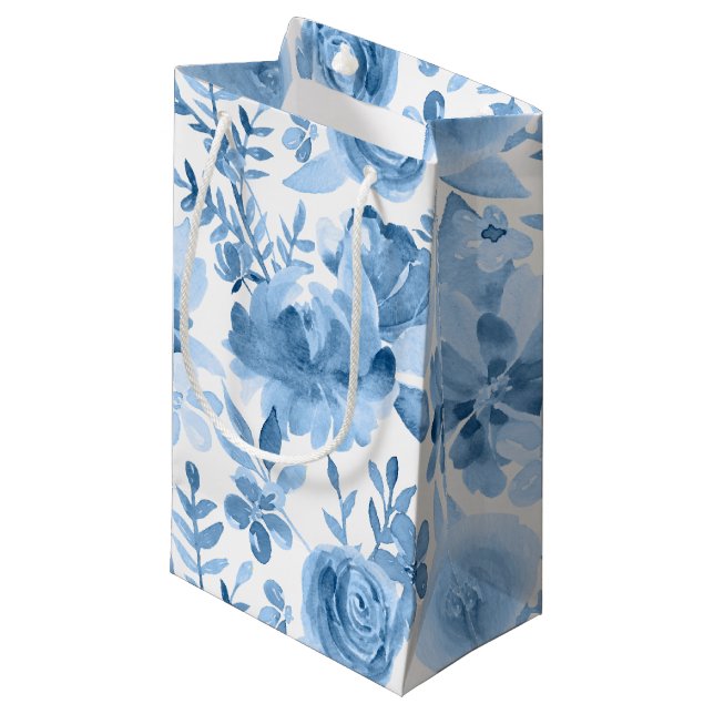 Beautiful Blue & White Watercolor Floral Small Gift Bag (Front Angled)
