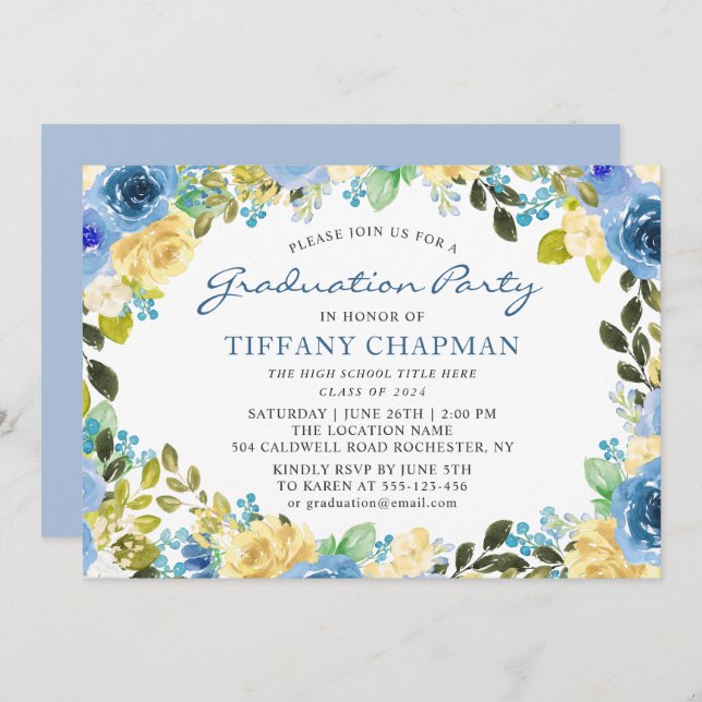 Beautiful Blue Yellow Floral Graduation Party Invitation (Front/Back)