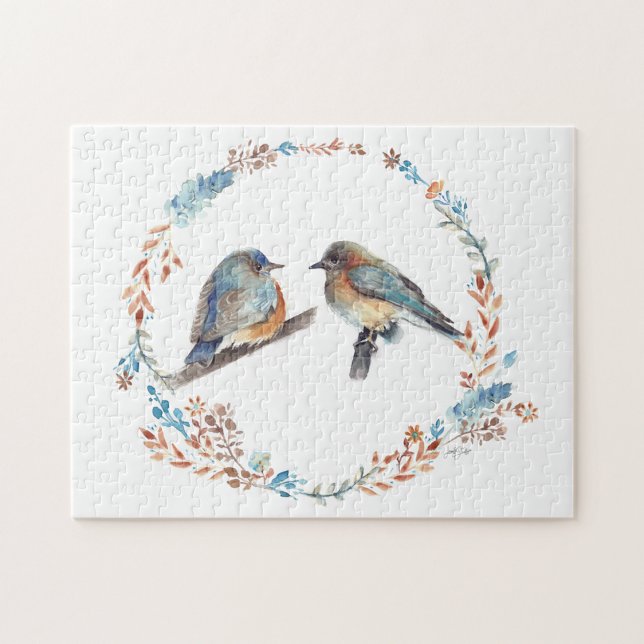 Beautiful Bluebird Couple Art Jigsaw Puzzle (Adorable eastern bluebird couple art with floral wreath. Jenn's Emporium.)