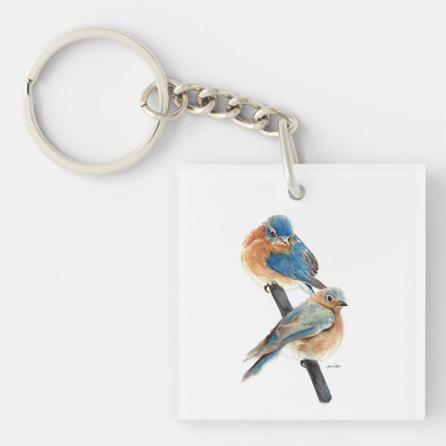 Beautiful Bluebird Couple Watercolor Art Key Ring (Front)