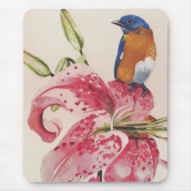 beautiful bluebird on a stargazer lily. mouse pad (Front)