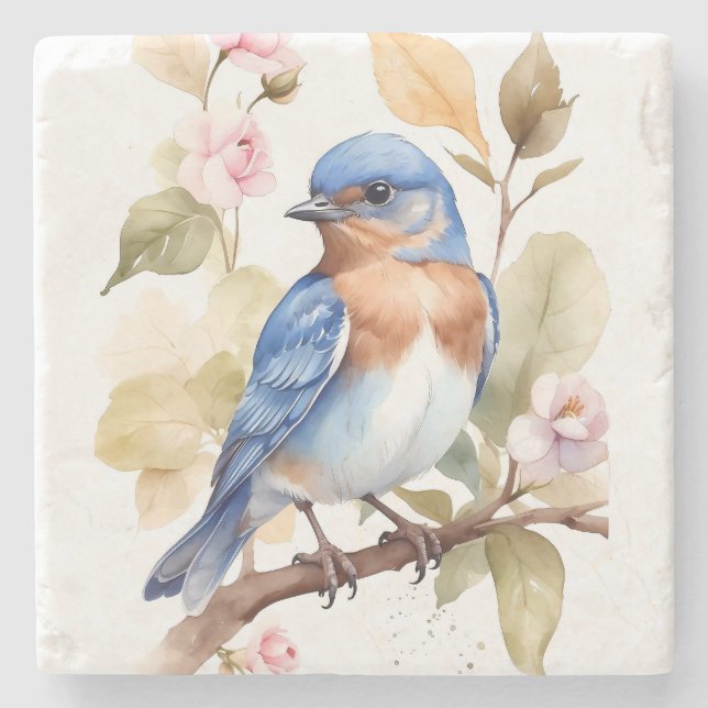 Beautiful Bluebird Watercolor Painting Stone Coaster (Front)