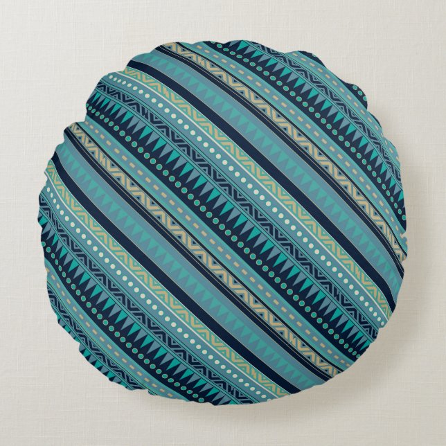 Beautiful Blues Geometric Stripe Round Cushion (Front)