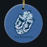 Beautiful Blues Hanukkah Dreidel Ornament<br><div class="desc">Beautiful blues Chinoiserie designed Dreidel Ceramic Ornament with two-sided printing and name personalisation! 
Dimensions:
Diameter: 2.87"
Thickness: 0.156"
Weight: 1.4 oz.
Made of white porcelain
Full-colour,  full-bleed printing
Printing on both sides
Thread does not come attached/tied</div>