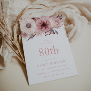 Beautiful Blush Boho Floral 80th Birthday Party Invitation