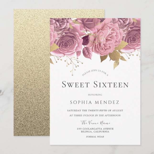 Beautiful Blush Floral & Gold Sweet Sixteen Invitation (Front/Back)